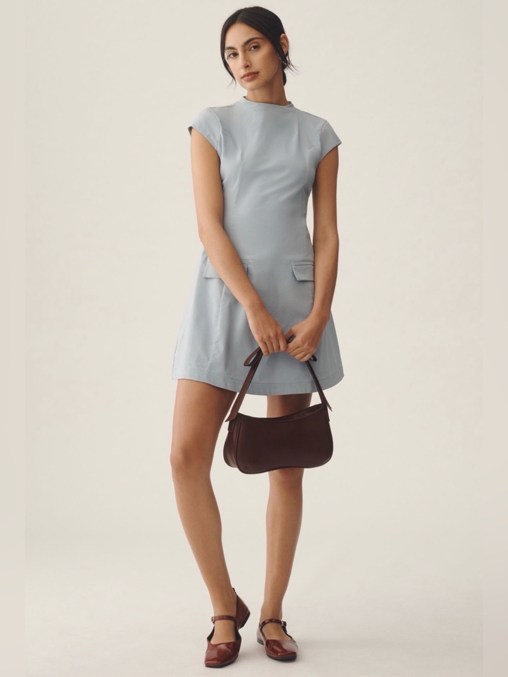 Maeve Anthropologie Cap-Sleeve Mock-Neck Mini Dress Light Blue Size Small